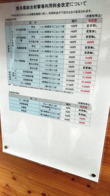 熊本県総合射撃場　料金表